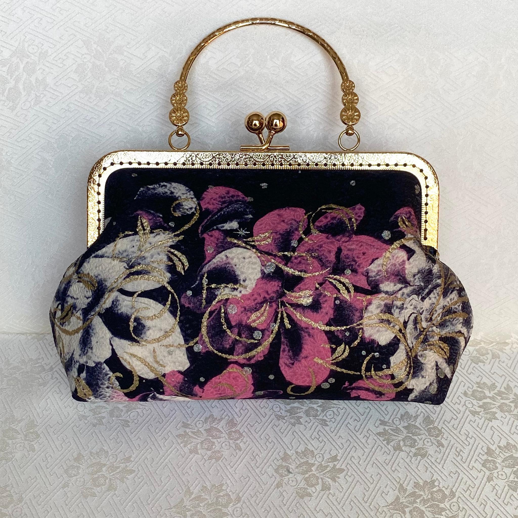 糊染め〈マチ付き〉がま口バッグゴールド 和装/洋装兼用 大きな花柄 白/ピンク | 4枚目